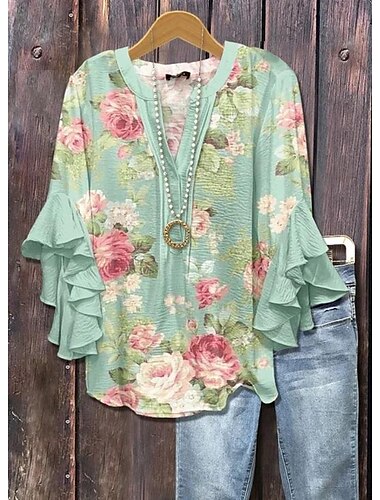  Damen Retro-Bluse mit geschichteten Rüschärmel Vintage Blumenmuster Paisley Täglich Stilvoll Leger 3/4-Ärmel V-Ausschnitt Reguläre Tops Tägliche Urlaubsferien Bekleidung Print Rot Blau Himmelblau Grün