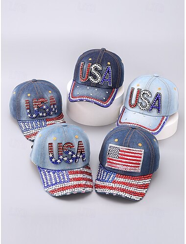  Denim-Baseballkappe mit USA-Strass – glitzernde Mütze mit patriotischer amerikanischer Flagge für Damen und Herren, verstellbares Outfit-Accessoire zum Unabhängigkeitstag am 4. Juli