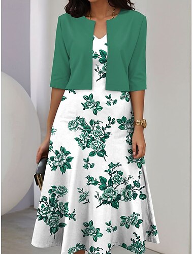 Damen Kleid Set Midi-Kleid A-Linie Kleid Sommerkleid Party Semi-Formal Floral Grafikdruck Halblanger Ärmel V-Ausschnitt Hochzeitsgast Täglich Blau Lila Grün Sommer Frühling Reguläre Passform