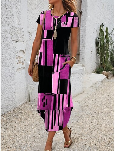 Damen Midikleid T-Shirt-Kleid Sommerkleid Urlaub Lässig Strand Täglich Normale Passform Grafik Geometrisch Kurzarm Rundhalsausschnitt Blau Purpur Braun Sommer