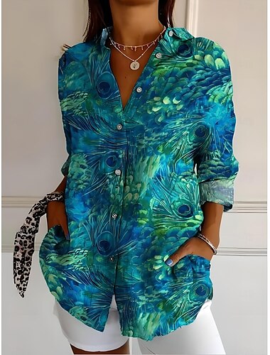 Dames Overhemd Ombre Bloemig Grafisch Romantisch Casual Strandstijl Lange mouw Overhemdkraag Normale tops Werk Dagelijks Knop Afdrukken Blozend Roze Groen Regenboog Lente Herfst