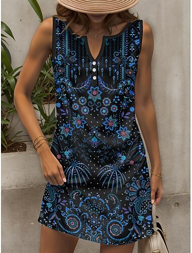  Mulheres Minivestido Vestidos Para o Verão Vestido A Line Vestido de verão Vestido ombro a ombro Casual Feriado Praia Normal Gráfico Tribal Sem Manga Decote V Azul Roxo Laranja Verão Primavera