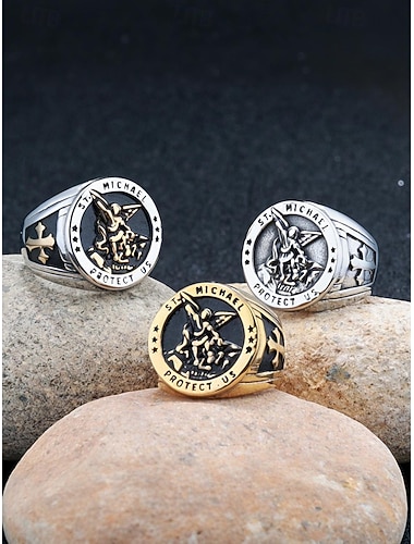  Bague Saint Michel pour homme – Chevalière religieuse en acier inoxydable, bijou catholique vintage pour la foi, la protection et le quotidien