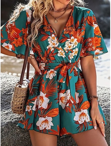  Mono para mujer activo floral de manga corta cuello en V alta cintura vacaciones diario corte regular negro azul marino azul verano