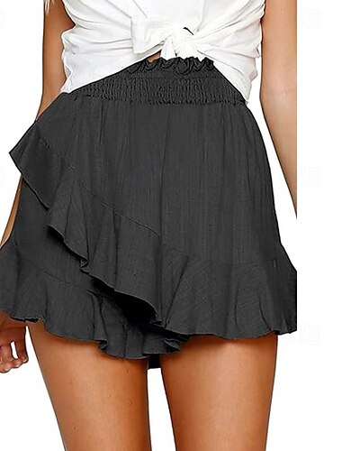  Women's Linen-Inspired Shorts Shorts Slacks Streetwear Casual Short Natural Plain Ruffle Elastic Waist Comfy Breathability Outdoor Outdoor Going out Beach claret Rust Navy Light Sky Blue Summer