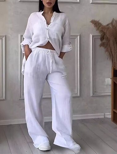  Damen Mode Streetwear Baumwoll-Leinen-Sets Zweiteilige Sets Hosen-Sets Langarm Stehkragen Einfach Alltagskleidung Date Weiß Gelb Rosa Sommer Normale Passform