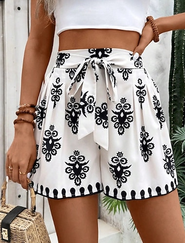  Femmes Shorts Shorts de plage Shorts amples Mode Boho Court Taille Moyenne Imprimé Taille Élastique Respirant Confortable Rue Tenue quotidienne Sortir Blanche Bleu Été Coupe régulière