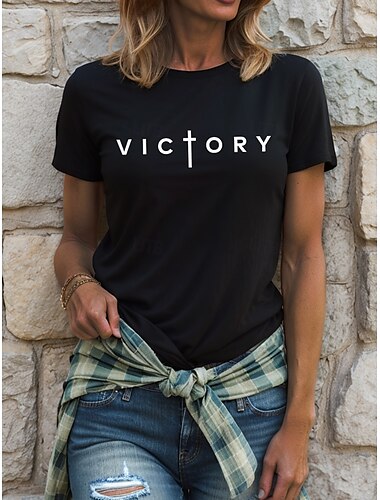  Dame T-shirt Bomuldsskjorte Grafisk Bogstaver Årgang Stilfuld Klassisk Kortærmet Rund hals Almindelige toppe Daglig Trykt mønster Sort Hvid Grå Sommer Forår