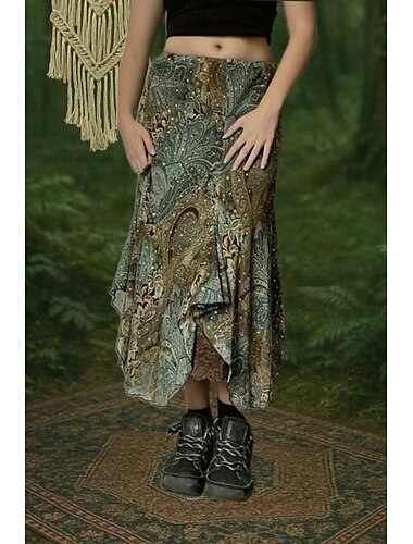  Dames Rok Bohemen Casual Boho Maxi Medium taille Rokken Bloemig Afdrukken Asymetrische zoom Micro-elastisch Vakantie Straat Groen Zomer Polyester