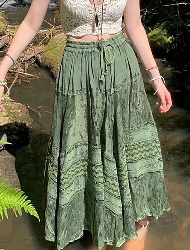  Dames Rok Bohemen Boho Midi Medium taille Rokken Bloemig Afdrukken Micro-elastisch Straat Uitgaan Groen Zomer Polyester