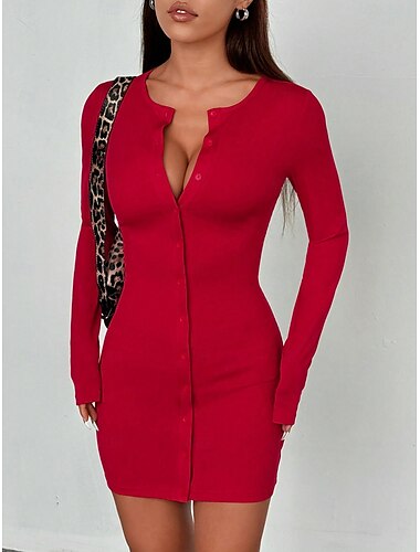  Femmes Mini Robe Robe pull Robe trapèze Sexy Robe moulante Couleur Unie manche longue Col ras du cou Rouge Printemps Automne