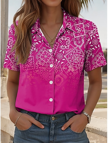  Femmes Chemise A Ombre Graphique Paisley Quotidien Occasionnel Manche Courte Col de chemise Hauts Réguliers Quotidien Rouge Bleu Fuchsia Été Printemps