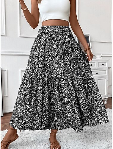  Saia Feminina Saia Maxi Saia A Linha Moda Casual Maxi Alta Cintura Saias Estampa Floral Micro-elástico Rua Diária Preto Amarelo Rosa Verde Verão Poliéster