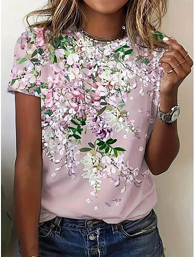  Mulheres Camiseta Âmbar Floral Gráfico Vintage à moda Clássico Manga Curta Gola Redonda Decote Redondo Tops regulares Diário Imprimir Verde Claro Verde Escuro Roxo Jadéite Verão