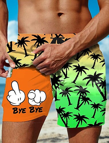  Herren Kokospalme Cartoon-Handabdruck Gefütterte Shorts 2 in 1 Badeshorts Badeshorts Mittlere Taille Hawaiianisch Ferien Strandbekleidung Seitentaschen Mit Kompressionsfutter Elastischer Kordelzug in