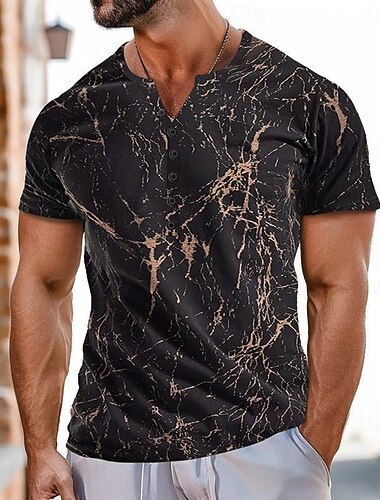  Herren Marmormuster T Shirt Henley Hemd Kurzarm Sport Mode Designer Lässig Täglich Outdoor Sommer Schwarz Purpur Henley Henley T-Shirt