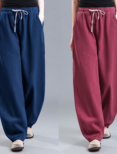  Damen Hose aus Baumwollleinen Stoffhosen Lässig Volle Länge Natürliche Taille Einfach Tasche Elastisches Kordelzugdesign Bequem Außenbereich Alltagskleidung Wochenende Weinrot Aprikose Schwarz