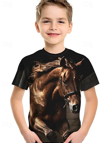  Jungen 3D Pferd T-Shirt Kurzarm Sommer Frühling Mode Basic Kinder 4-12 Jahre Rundhalsausschnitt Outdoor Lässig Täglich Normale Passform