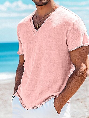  Herren T-Shirt Leinen-T-Shirt Kurze Ärmel V Ausschnitt Sommer Einfach Mode Designer Basic Weich Urlaub Alltagstauglich Strand Hellblau Weiß Rosa Top T-Shirt für Herren