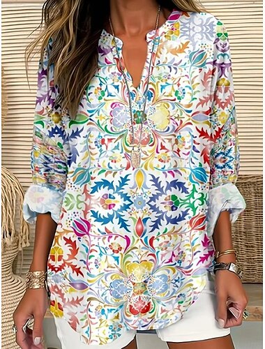  Women's Boho Blouse Graphic Geometric Elegant Daily Long Sleeve V Neck Regular Tops Daily Print Black Yellow Red Blue Gold Summer Spring