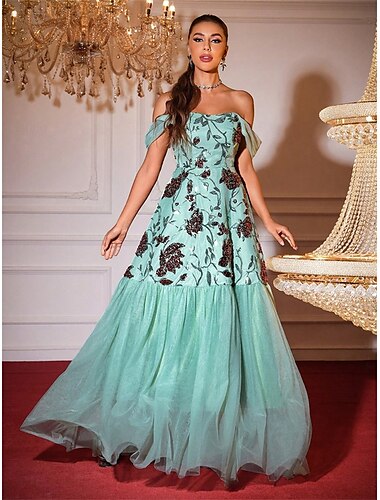  A-Linie Quinceanera-Kleider Elegant Kleid Hochzeit Hochzeitsgast Bodenlang Ärmellos Schulterfrei Tüll Rückenfrei mit Blumenmuster 2025