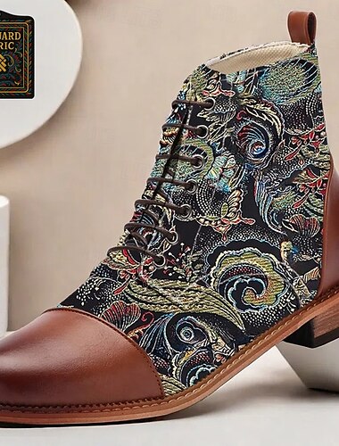  bottines à lacets à imprimé plumes de paon vintage pour hommes – similicuir et tissu jacquard, tenue décontractée et formelle