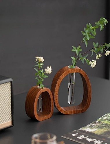  Vase en verre et bois massif, jardinière hydroponique en tube à essai, support de fleurs minimaliste, cadre en bois naturel, décoration intérieure moderne, station de propagation de plantes de table,
