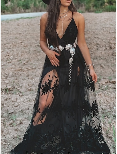  Vrouwen Boho Jurk Westerse Jurk Vintage Maxi Jurk Effen Kleur Zomer Jurk Slip Jurk Casual Dagelijks Vakantie Strand Reguliere Pasvorm Bloem Grafisch Mouwloos Band Zwart Zomer