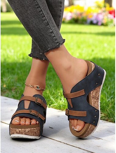  sandálias femininas elegantes de cunha de cortiça azul escuro – fecho de fivela dupla, perfeitas para caminhadas ao ar livre, reuniões casuais e férias