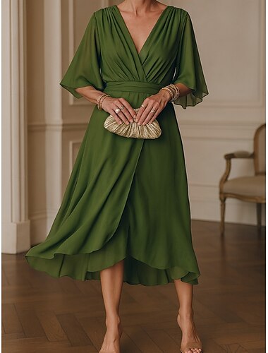  Femmes Robe Longue Maxi Robe Robe Blanche Robe Décontractée Robe Portefeuille Élégant Moderne Mature Bureau Quotidien Date Coupe régulière Uni Manche 3/4 Col en V Vert Été