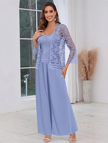  Hosenanzug Brautmutterkleid Hochzeitsgast Elegant Quadrathals Bodenlang Polyester Spitze Langarm mit Einfarbig 2025