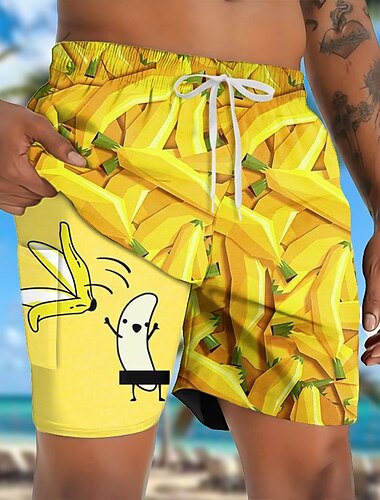  Herren Lustig Banane Gefütterte Shorts 2 in 1 Badeshorts Badeshorts Mittlere Taille Hawaiianisch Urlaub Ferien Strandbekleidung Seitentaschen Mit Kompressionsfutter Elastischer Kordelzug in der Taille