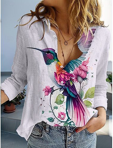  Femmes Chemise Fleuri Graphique Oiseau Occasionnel manche longue Col de chemise Hauts Réguliers Travail Quotidien Boutons Imprimé Blanche Printemps Automne Hiver