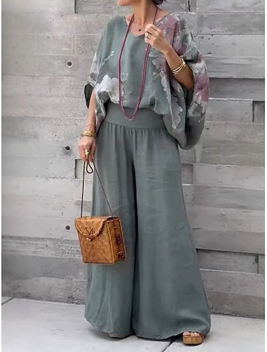  Kobiece 2-częściowe modowe streetwearowe zestawy spodni półdługi rękaw V dekolt kwiatowy graficzny wakacyjne casual codzienne niebieskie brązowe zielone letnie luźne dopasowanie
