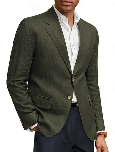  Blazer de lino para hombre chaqueta deportiva moda casual de verano blazer de lino de color sólido verde ejército ajuste estándar de un solo botón y dos botones