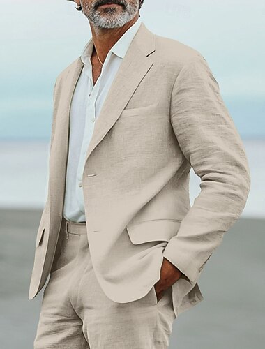  Casual Sommer Hochzeitsanzüge aus Leinen für Herren Himmelblau Salbei Mode Tägliches Einfarbig Standard Fit 2-teiliger Einreiher mit zwei Knöpfen