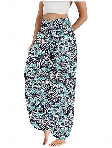  Women's Linen-Inspired Pants Wide Leg Pants Trousers Ethnic Style Casual Boho Full Length High Waist Floral Leaf Tropical Pocket Elastic Waist Printing Breathability Soft Micro-elastic Outdoor Yoga