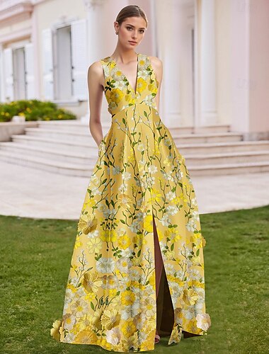  A-Linie Abendkleid Elegant Kleid Formell Hochzeit Bodenlang Ärmellos V Ausschnitt Satin mit Stickerei Applikationen 2025