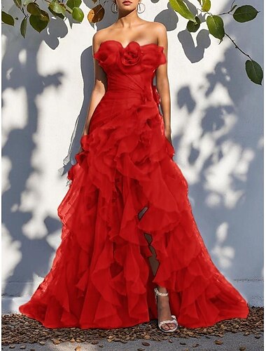  Meerjungfrauenschnitt Abendkleid Elegant Kleid Formell Hochzeit Bodenlang Ärmellos Trägerlos Organza mit Gerafft Rüschen 2025