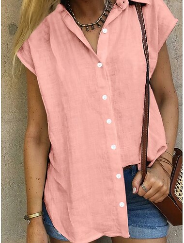 Damenhemd Knopf Bluse Einfarbig Schlicht Basic Lässig Kurzarm Hemd Knopf Bluse Kragen Regelmäßige Oberteile Alltag Druck Schwarz Weiß Pink Wein Sommer Frühling