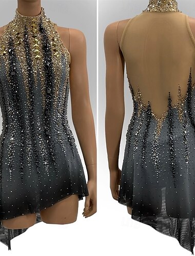  Eiskunstlaufkleid Damen Mädchen Eislaufen Kleid Dunkelgrau Patchwork Asymmetrischer Saum Netzstoff Hohe Elastizität Training Wettbewerb Eiskunstlaufkleidung Klassisch Kristall / Strass Ärmellos