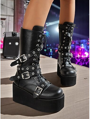  Bottes de combat gothiques à plateforme pour femmes – Bottes noires à lacets jusqu'au genou des années 1980 avec sangles à boucle pour le punk, le rock et la mode alternative