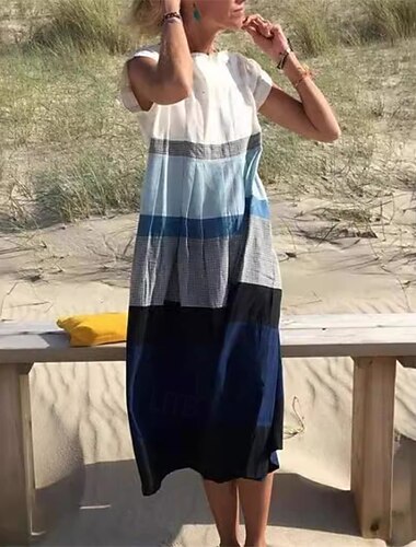  Femmes Robe Midi Robe fourreau Robe Décontractée Robe d'été Mode Classique Extérieur Fête Date Coupe régulière Bloc de Couleur Manche Courte Col ras du cou Bleu Été Printemps