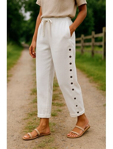  Per donna Pantaloni in cotone e lino Comfort Lunghezza intera Vita Alta Semplice Tasca Fascia Elastica Comodo All'aperto Confortevole Streetwear Abbigliamento quotidiano Uscire Nero Bianco Blu Cachi