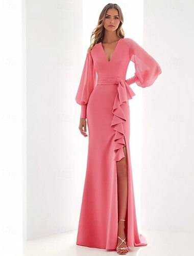  Vestido de noche elegante de corte A en color rosa, vestido formal largo hasta el suelo, manga larga, cuello en V, gasa con volantes, abertura con mariposa 2025