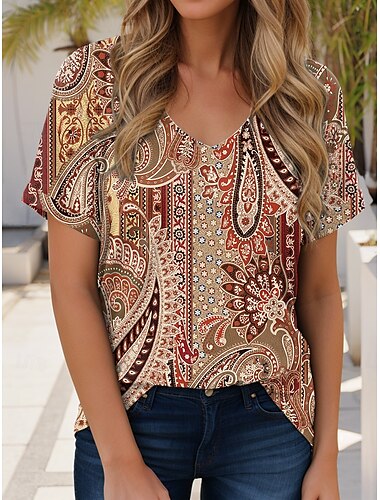  Dames T-shirt Boho Blouse Grafisch Geometrisch Paisley Bohemia Vintage Casual Korte Mouw V Hals Regular Tops Dagelijkse Weekend Strand Kleding Print Rood Blauw Oranje Zomer