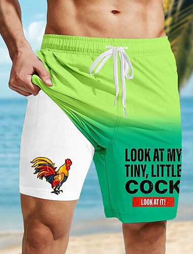  Herren Hahn Mit Buchstaben bedruckt Lustig Gefütterte Shorts 2 in 1 Badeshorts Badeshorts Mittlere Taille Hawaiianisch Urlaub Strandbekleidung Seitentaschen Mit Kompressionsfutter Elastischer