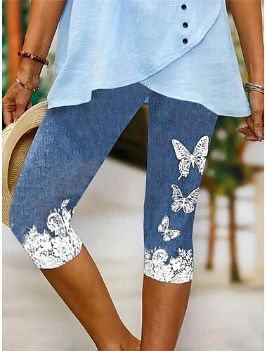  Leggings Capris pour femmes Haute élasticité Vacances Mode Vintage Longueur mollet Taille mi-haute Imprimé floral graphique Respirant Doux Élastique Vacances Décontracté Quotidien Bleu œuf d'oiseau