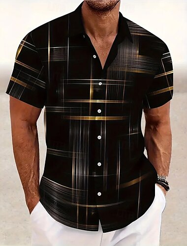 Homme Géométrique Grille / Carreaux Chemise Chemise Boutonnée Manche Courte Mode Décontractée Extérieur Vacances Vêtements de rue Été Printemps Col Rabattu Impression 3D chemises à col Noir Rose