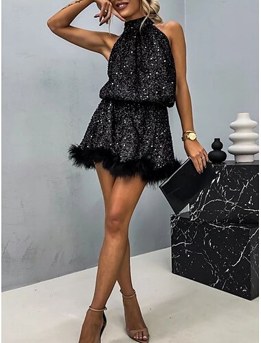  Damen Mini Kleid Halter Kleid Off-Shoulder Kleid Party Cocktail Semi-Formal Hochzeit Outdoor Party Regulär Passform Grafik Ärmellos Halterhals Schwarz Gold Sommer
